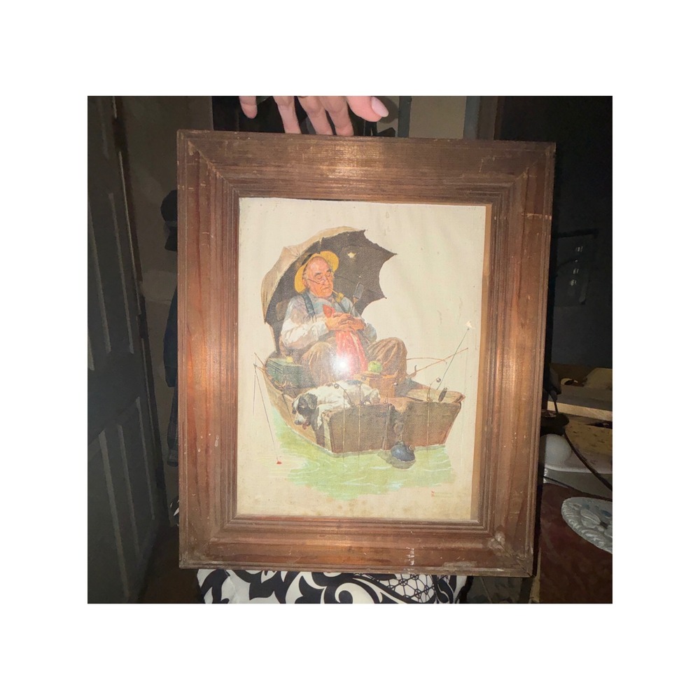 Vintage Norman Rockwell The Fishing Trip Canvas Print in Wood Frame Americana